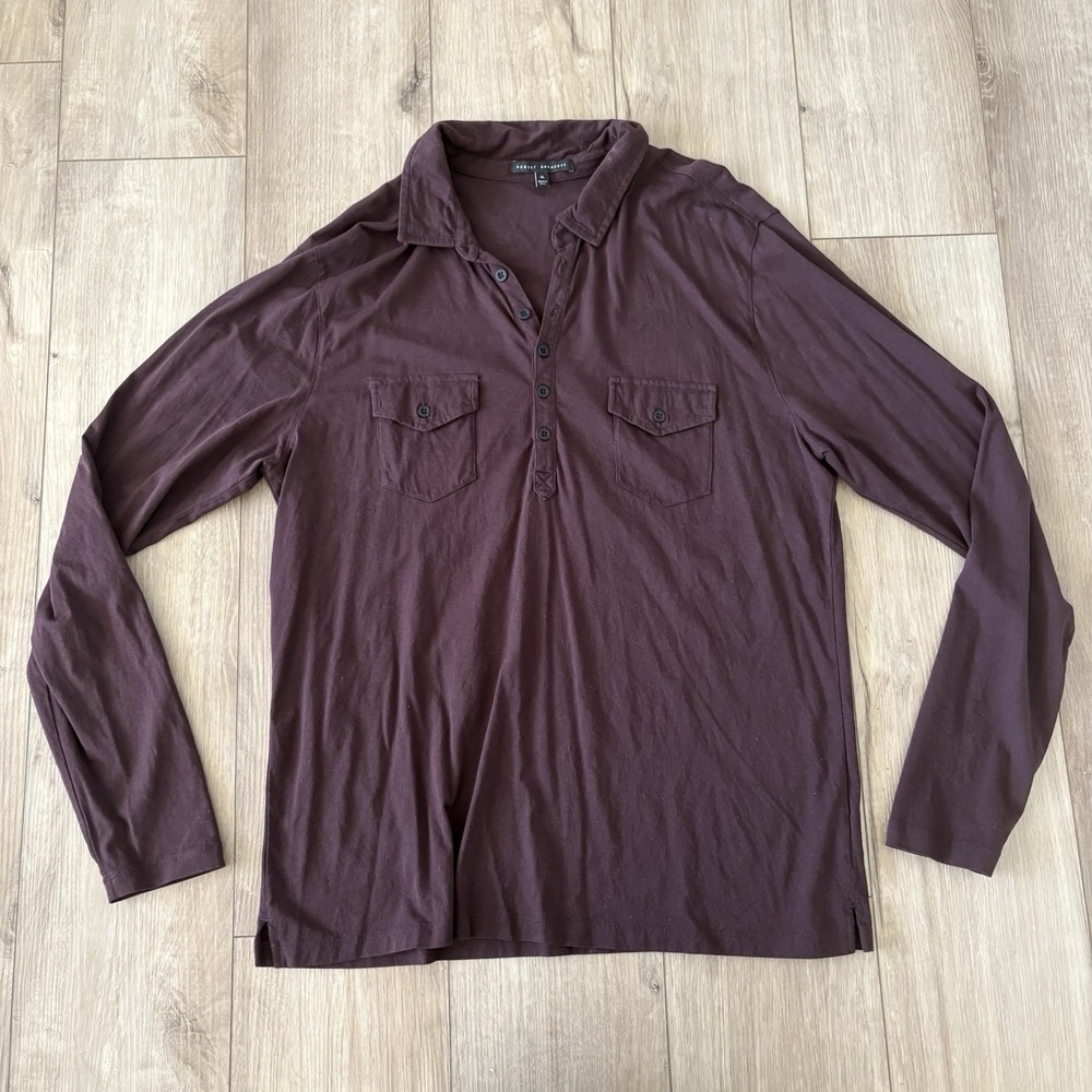 Robert Barakett Boston Purple Long Sleeve Polo Solid Pockets Shirt Mens XL‎